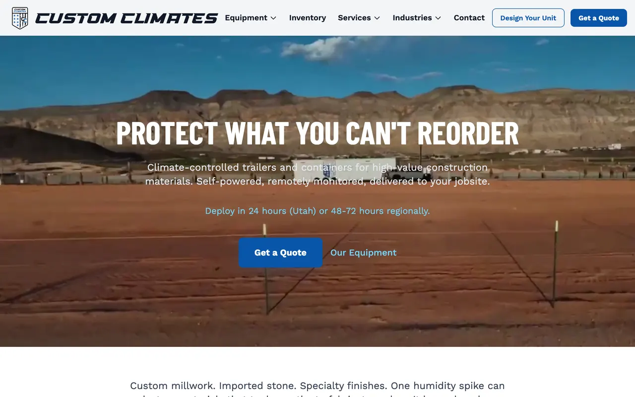 Homepage of the Custom Climates website